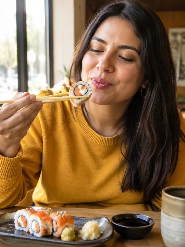 Cliente saboreando um sushi, exemplo de cena que entra no vídeo