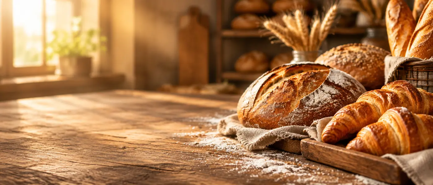 Banner de padaria com pães dourados sobre uma mesa de madeira