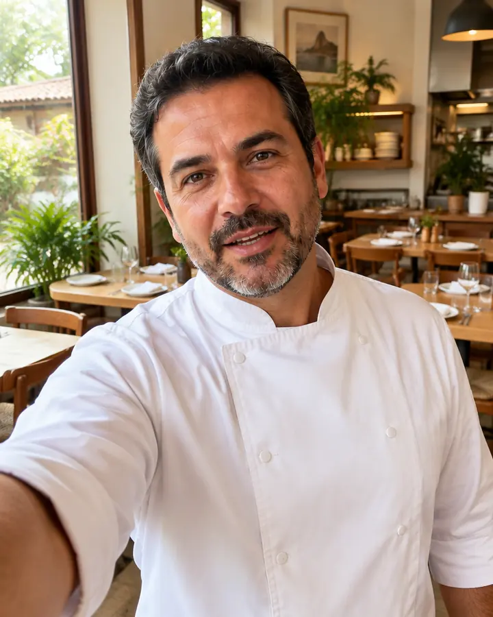 Dono de restaurante tirando uma selfie com o braço esticado