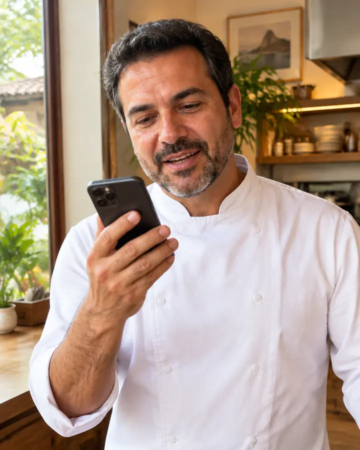 Dono de restaurante lendo um texto no celular e gravando a própria voz