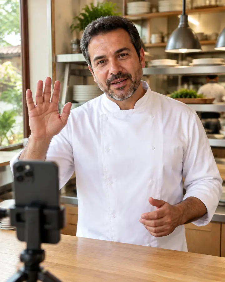 Dono de restaurante gravando um vídeo curto de si mesmo com o celular apoiado no balcão