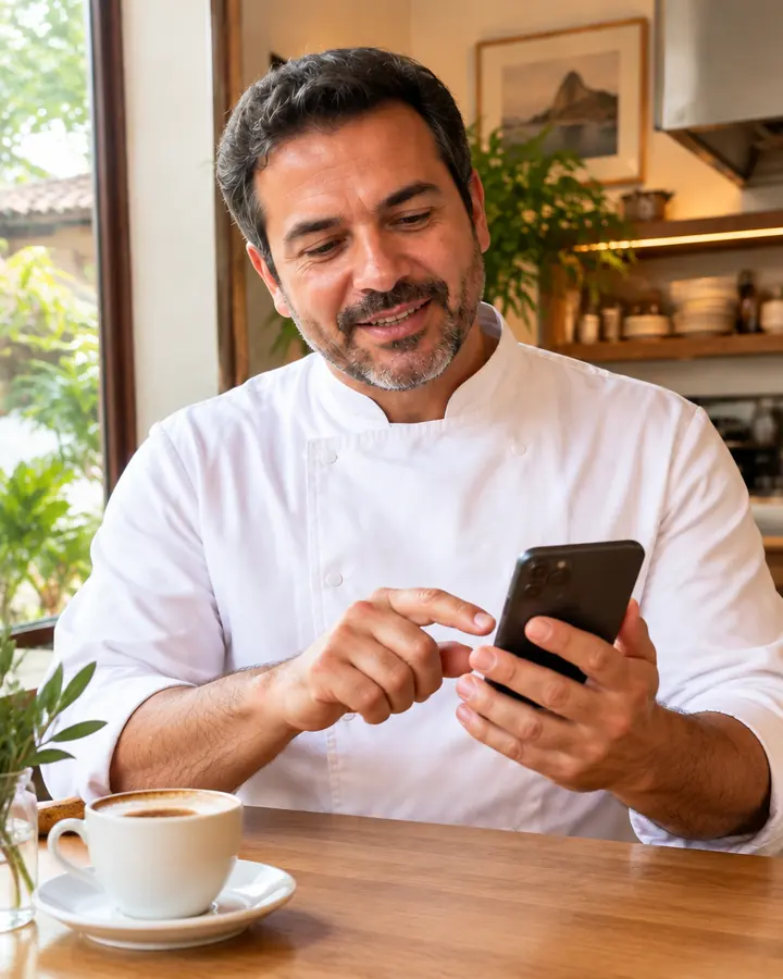 Dono de restaurante escolhendo um roteiro no celular com um sorriso de decisão