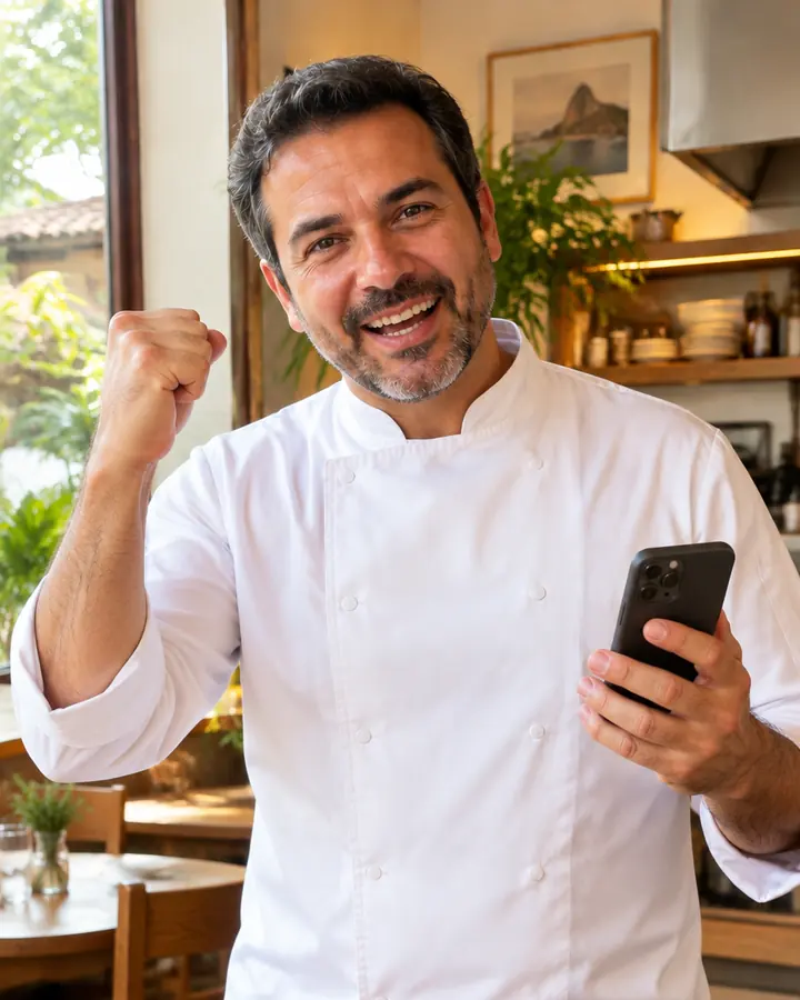Dono de restaurante comemorando com o punho erguido e o celular na mão